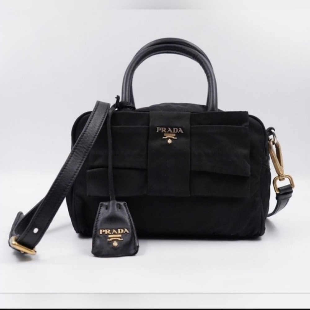 Authentic PRADA Black Tessuto Fiocco Nylon Bow Top Handle Crossbody Bag. Prada